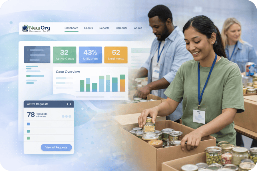 NewOrg dashboard overlaid on a volunteer sorting food donations