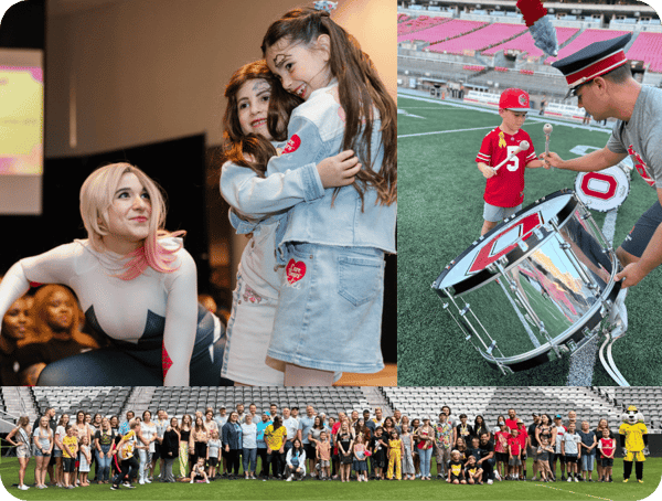 supporters and volunteers celebrating together at a football stadium fundraising event for children with cancer