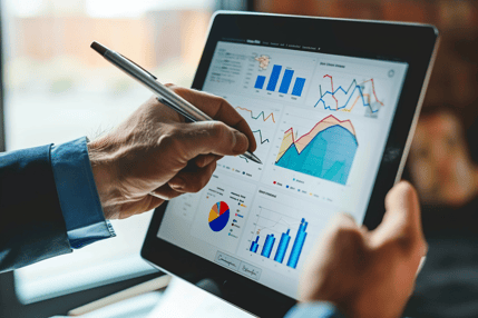 A person using a tablet to analyze colorful data charts and graphs, representing nonprofit performance metrics and digital transformation tools.